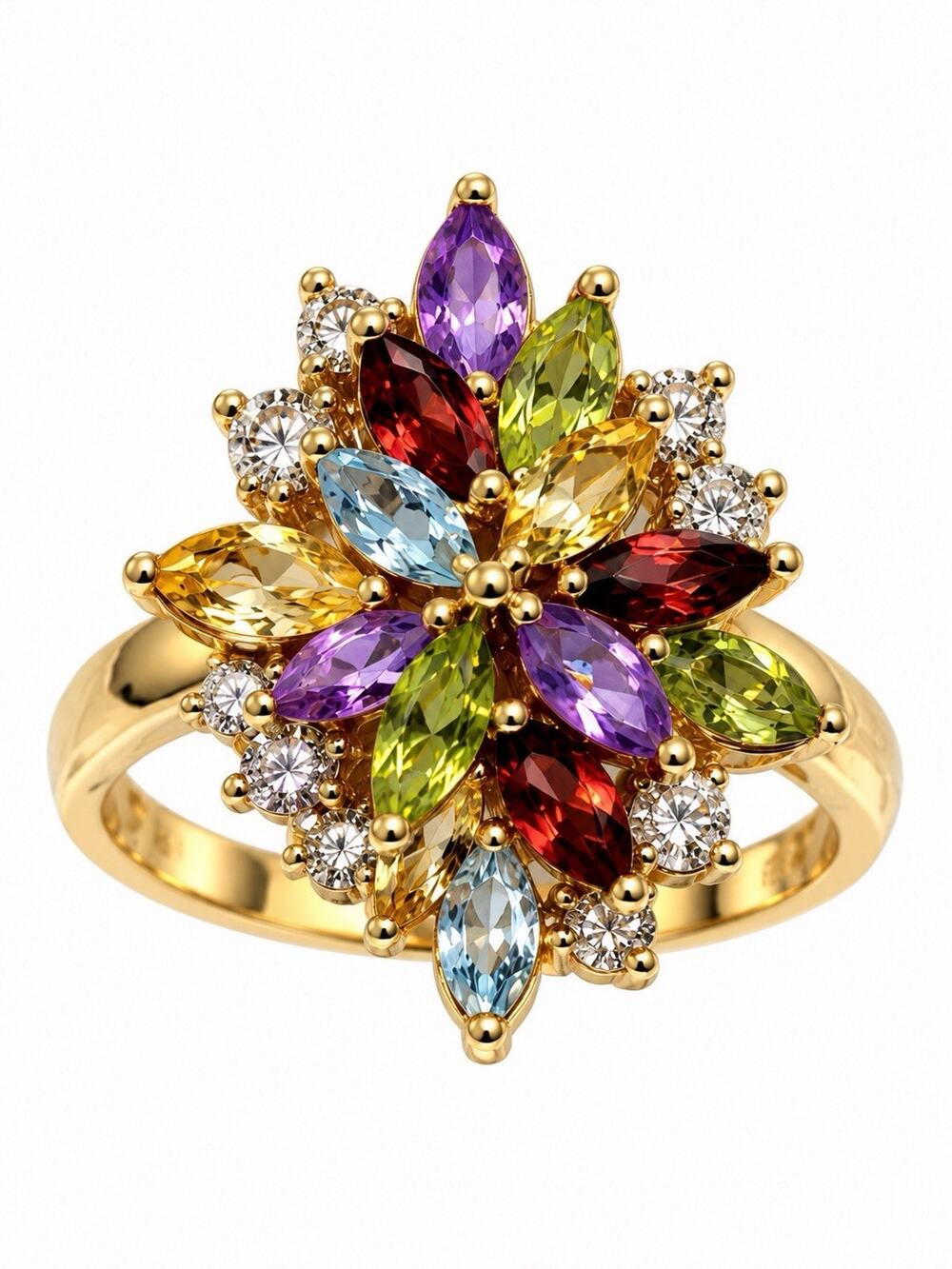 925 Sterling Silver Gold Plated Multi-Gemstone Floral Cluster Ring Size 8